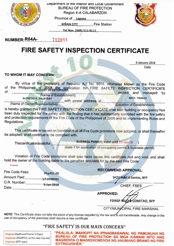 Fire Safety Inspection Certificate